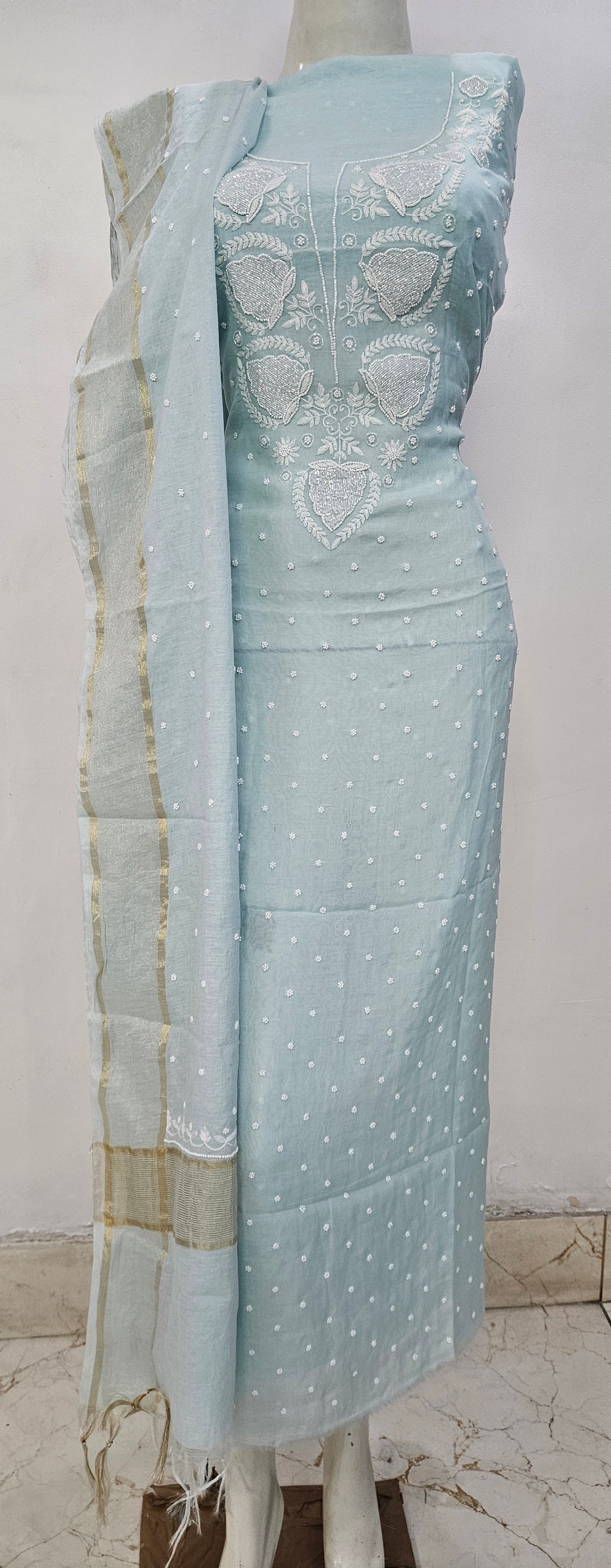 Light blue Mul chanderi Allover Mukaish kurta dupatta set
