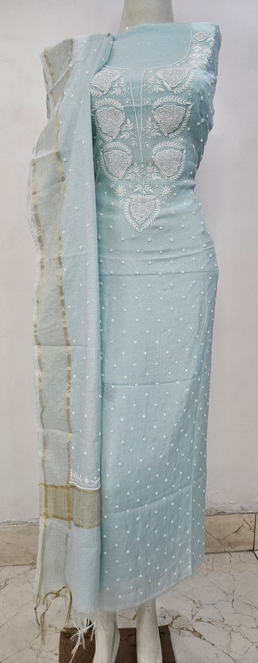 Light blue Mul chanderi Allover Mukaish kurta dupatta set
