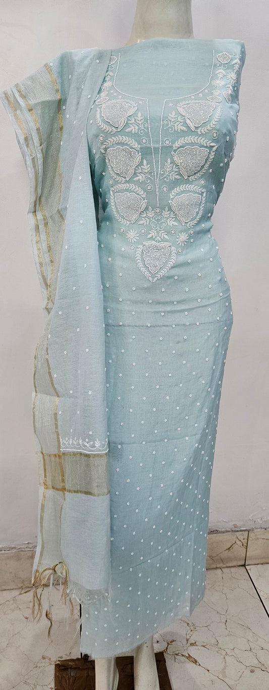 Light blue Mul chanderi Allover Mukaish kurta dupatta set