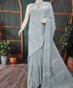 Chikankari with Moti and Sequins Saree (Grey) - Image 3