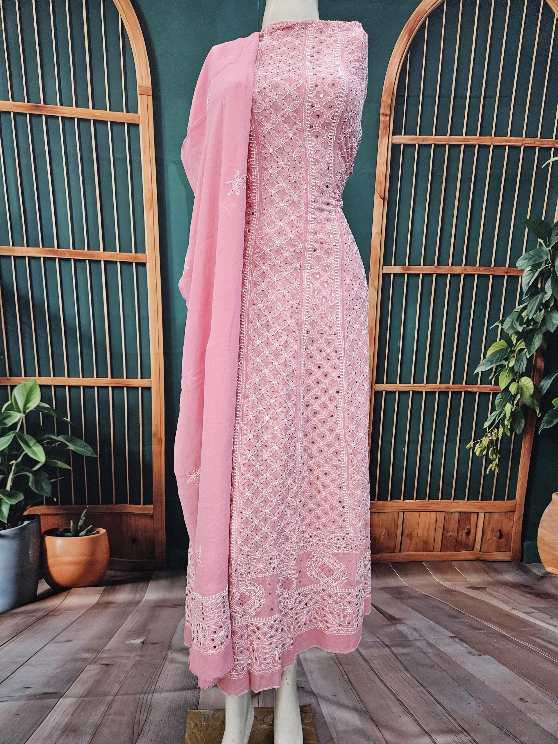 20251103_163628.jpg Allover Chikankari and Mukaish Anarkali with Dupatta (Pink) - Image 1