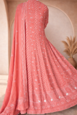 Chikankari with Cut Dana Pearl Anarkali with Dupatta (Washed Red) - Image 2