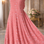 Chikankari with Cut Dana Pearl Anarkali with Dupatta (Washed Red)