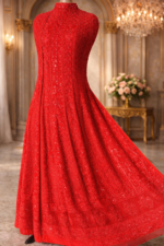 Chikankari with Cut Dana Pearl Anarkali with Dupatta (Chilli Red) - Image 2