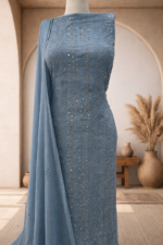 Chikankari and Mukaish Work Kurta and Dupatta Set (SteelBlue) - Image 3