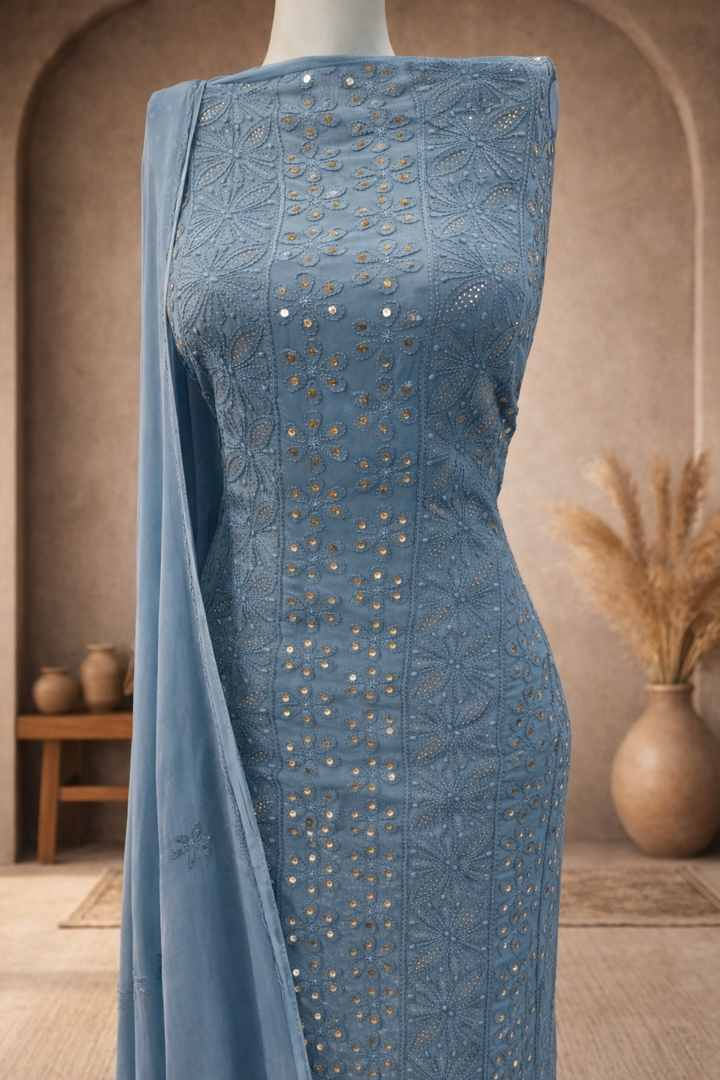 ChatGPT Image Jan 27, 2026, 03_56_34 PM Chikankari and Mukaish Work Kurta and Dupatta Set (SteelBlue) - Image 1