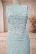Mul chanderi Chikankari pearl embroidered kurta and dupatta (Off Blue) - Image 2