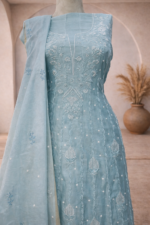 Mul chanderi Chikankari pearl embroidered kurta and dupatta (Light Blue) - Image 2