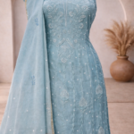 Mul chanderi Chikankari pearl embroidered kurta and dupatta (Light Blue)