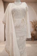 Mul chanderi Chikankari mukaish embroidered kurta and dupatta (Off Yellow) - Image 2