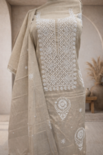 Mul chanderi Chikankari pearl embroidered kurta and dupatta (Brown) - Image 2