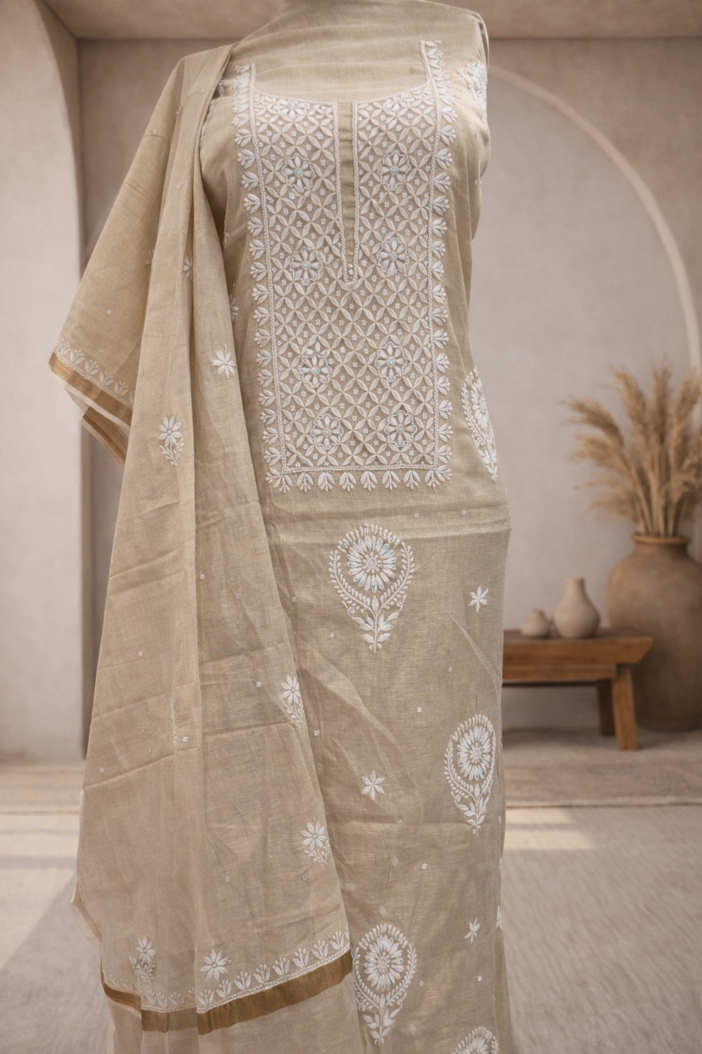 ChatGPT Image Feb 7, 2026, 02_58_04 PM Mul chanderi Chikankari pearl embroidered kurta and dupatta (Brown) - Image 1