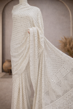 Dyeable pure georgette saree with  Chikankari and mukaish work Blouse has allover chikan and Mukaish work (Off White) - Image 3
