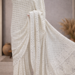 Dyeable pure georgette saree with  Chikankari and mukaish work Blouse has allover chikan and Mukaish work (Off White)