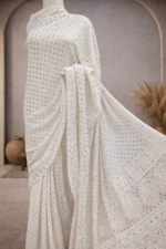 Dyeable pure georgette saree with  Chikankari and mukaish work Blouse has allover chikan and Mukaish work (Off White) - Image 2