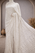 Dyeable pure georgette saree with  Chikankari and mukaish work Blouse has allover chikan and Mukaish work (White Cream)