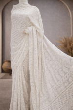 Dyeable pure georgette saree with  Chikankari and mukaish work Blouse has allover chikan and Mukaish work (White Cream) - Image 2
